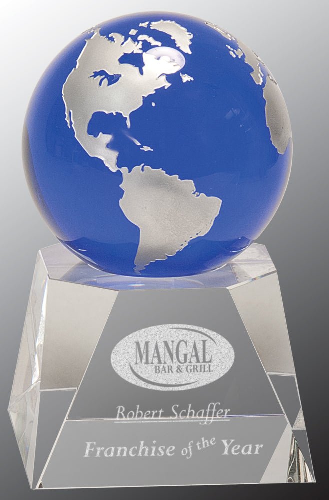 Blue Earth Globe Crystal Glass Award - Anderson Trophy Co.