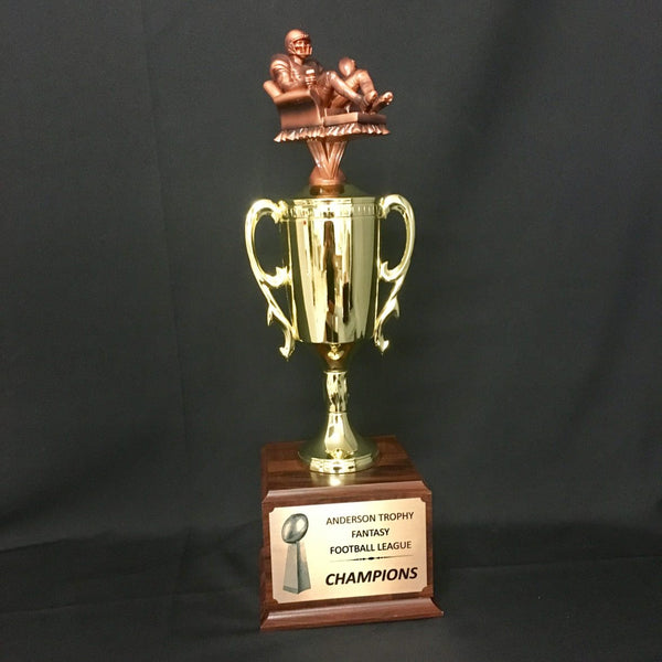 Armchair Fantasy Football Trophy Cup on Woodgrain Finish Base - AndersonTrophy.com