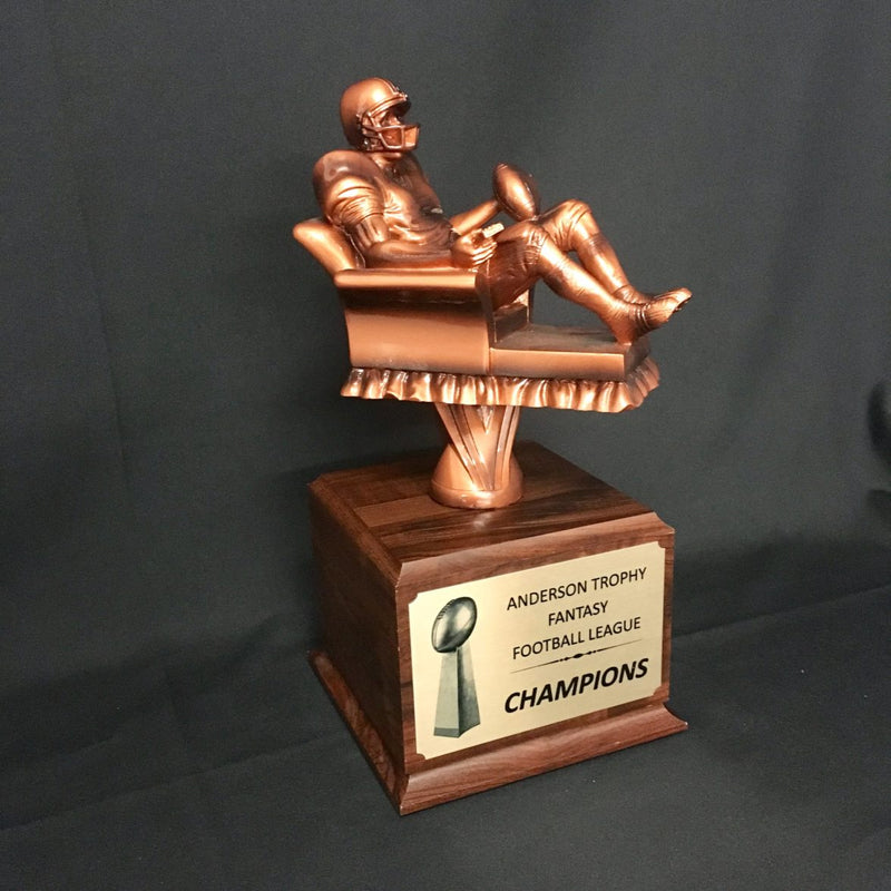 Full Color Champions Football Trophy on Woodgrain Finish Base