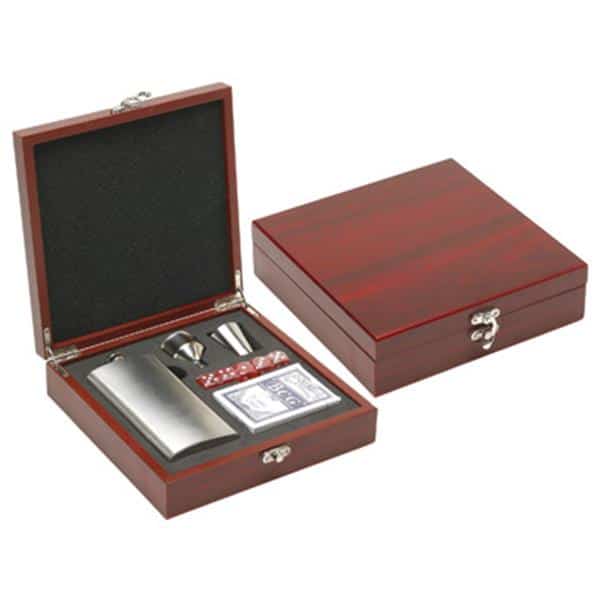 Flask, Card and Dice Set in Engravable Rosewood Box - AndersonTrophy.com