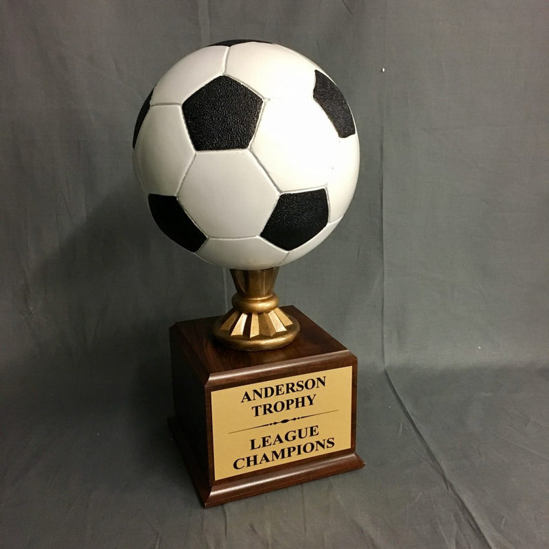 Full Color Champions Soccer Trophy on Woodgrain Finish Base - AndersonTrophy.com