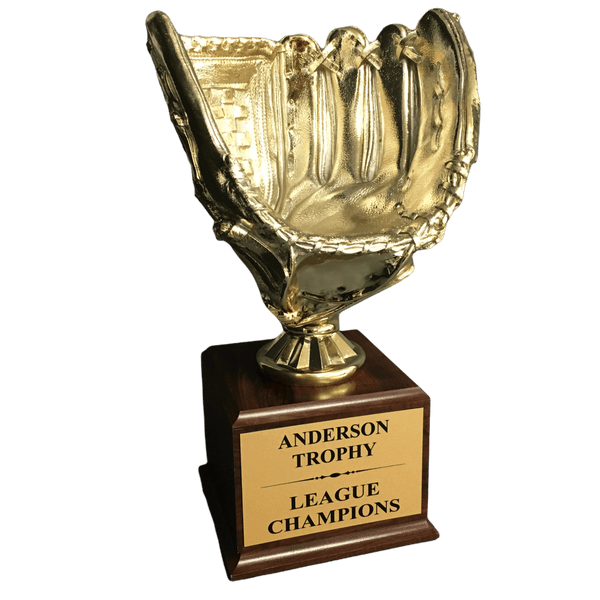 Gold Champions Baseball Trophy on Woodgrain Finish Base - AndersonTrophy.com