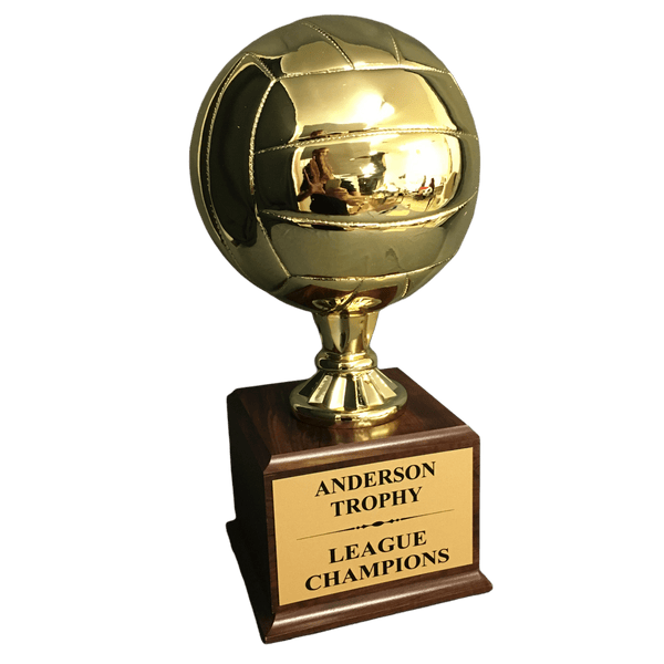 Gold Champions Volleyball Trophy on Woodgrain Finish Base - AndersonTrophy.com