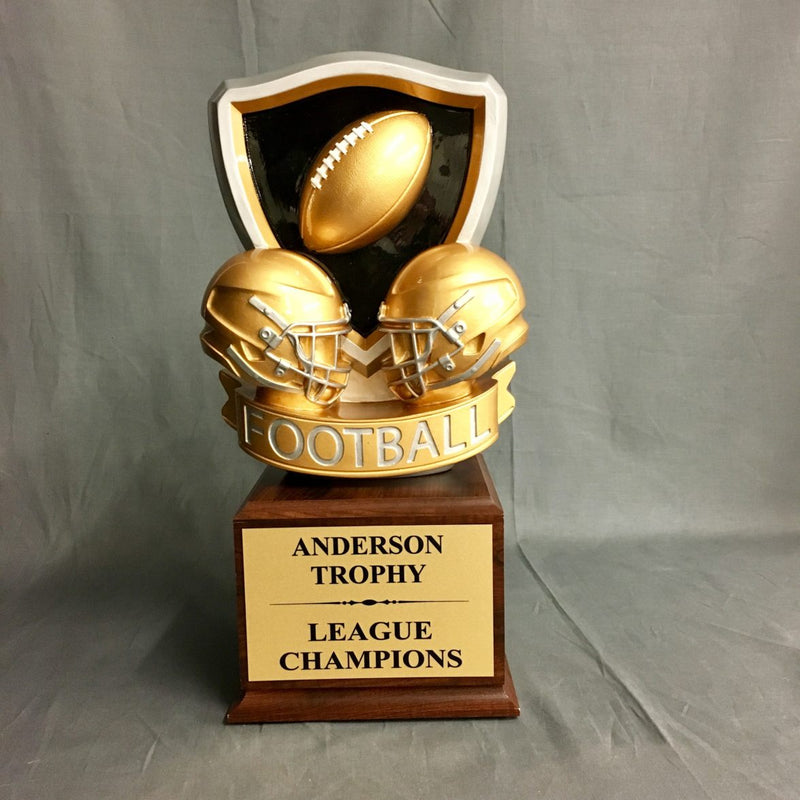 Head To Head Football Trophy on Woodgrain Finish Base - AndersonTrophy.com