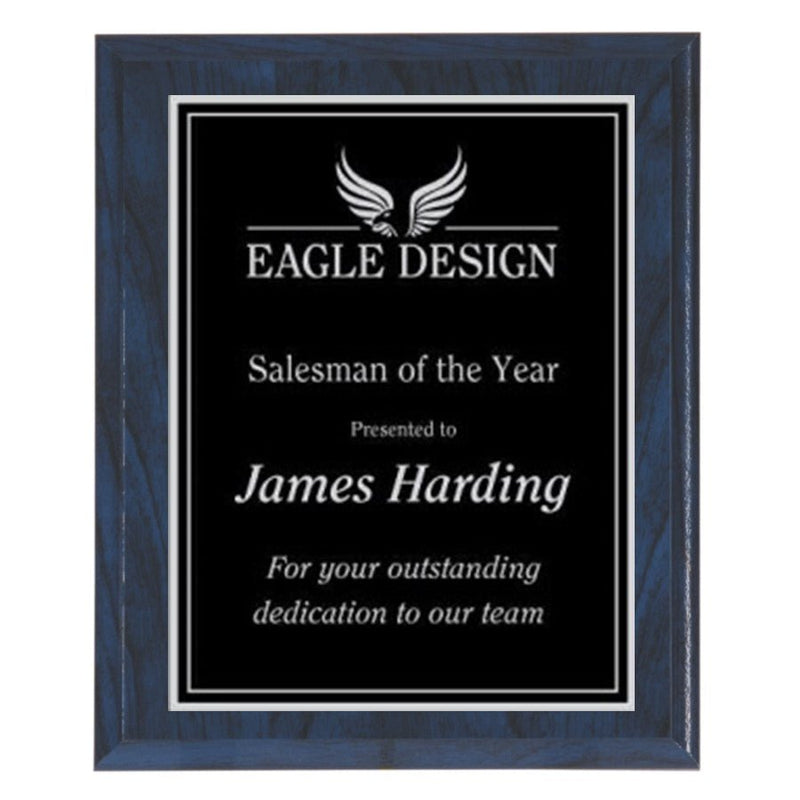 MSL344 Series Black to Silver Laser Plated Plaque - Blue Woodgrain - AndersonTrophy.com
