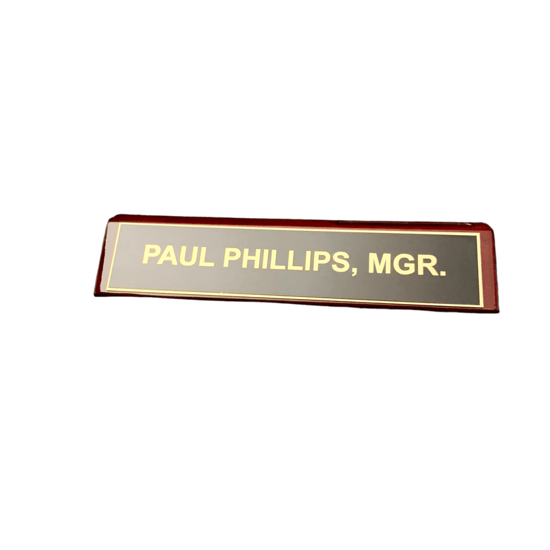Rosewood Piano Finish Name Wedge with Card Holder - Black to Gold Laser Plate - AndersonTrophy.com