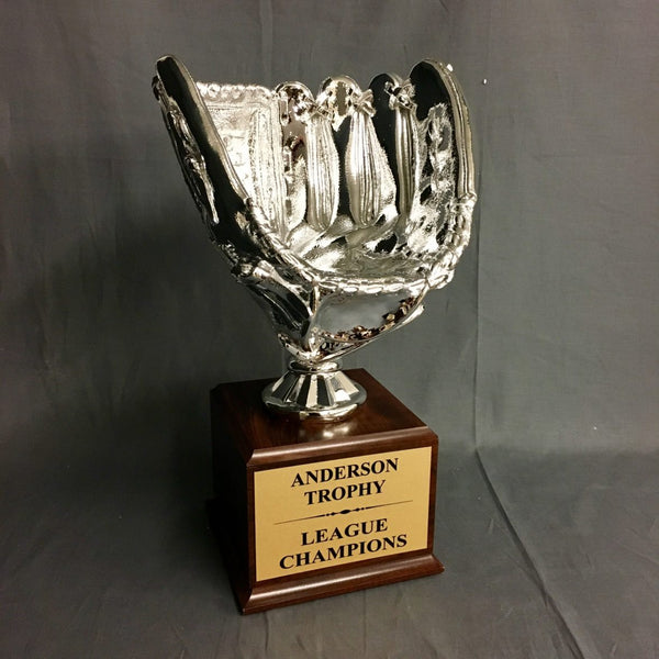 Silver Champions Baseball Trophy on Woodgrain Finish Base - AndersonTrophy.com