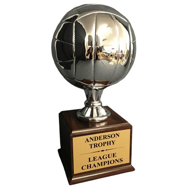 Silver Champions Volleyball Trophy on Woodgrain Finish Base - AndersonTrophy.com