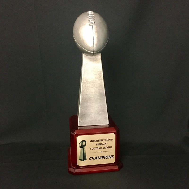 Silver Tower Football Trophy on Gloss Rosewood Base - AndersonTrophy.com