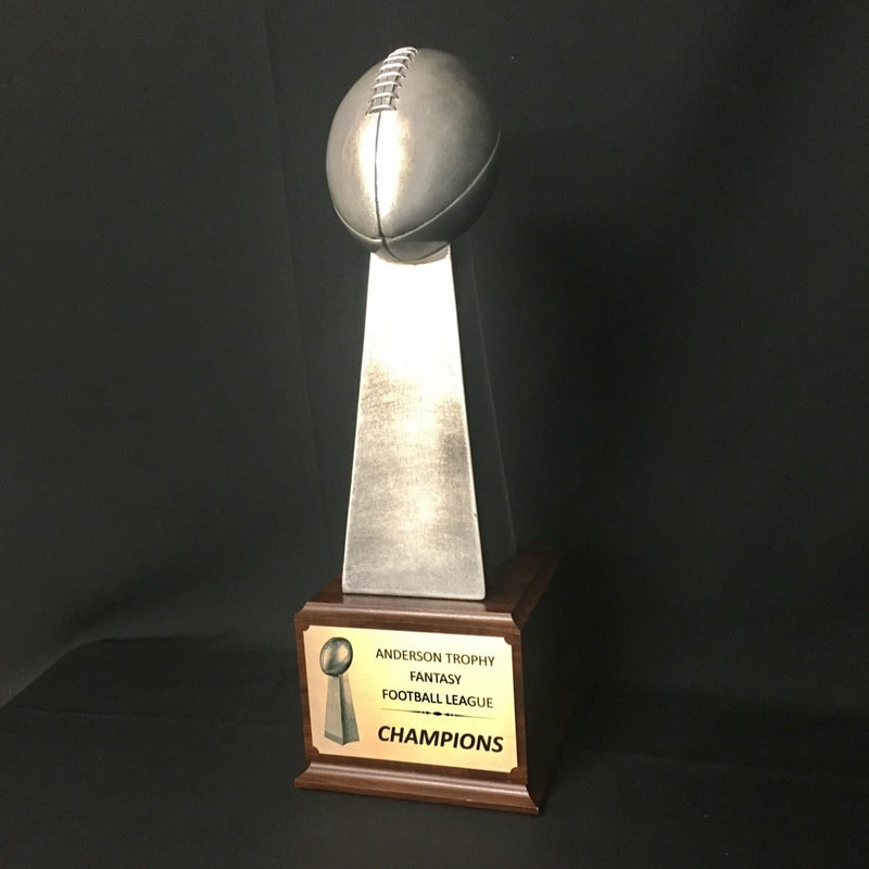 Silver Tower Football Trophy on Woodgrain Finish Base - AndersonTrophy.com