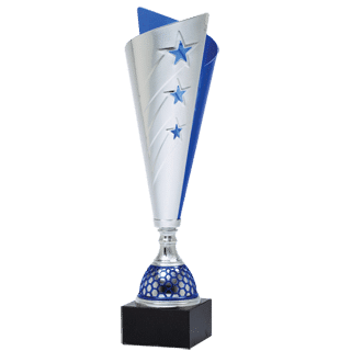 Triple Star Silver/Blue Trophy Cup on Black Marble Base - AndersonTrophy.com